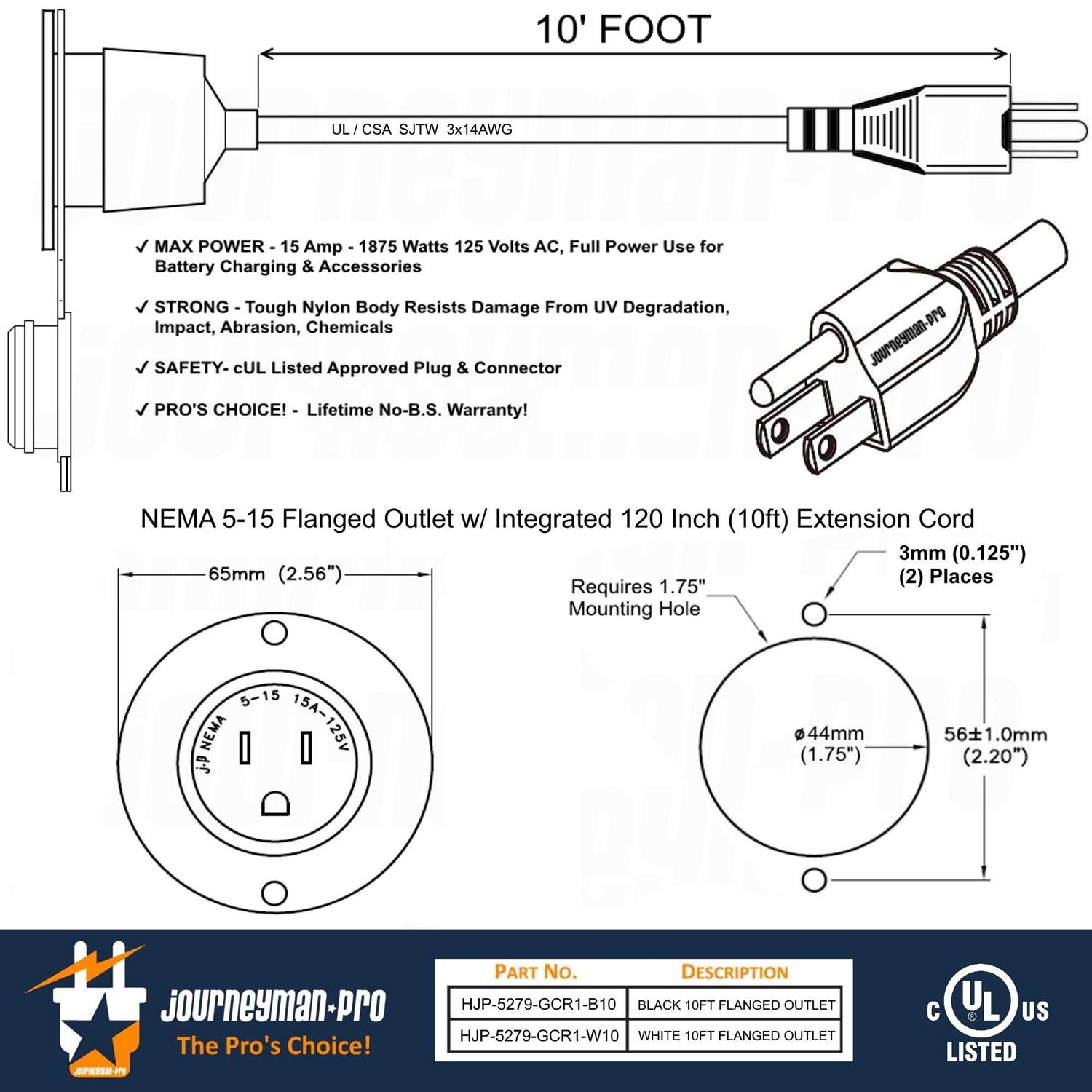 10 Foot 15A Weatherproof Outdoor Power Outlet by Journeyman-Pro 15 Amp 110/120 Volt 5-15R Receptacle Kit with Integrated 120 Extension - Image 4