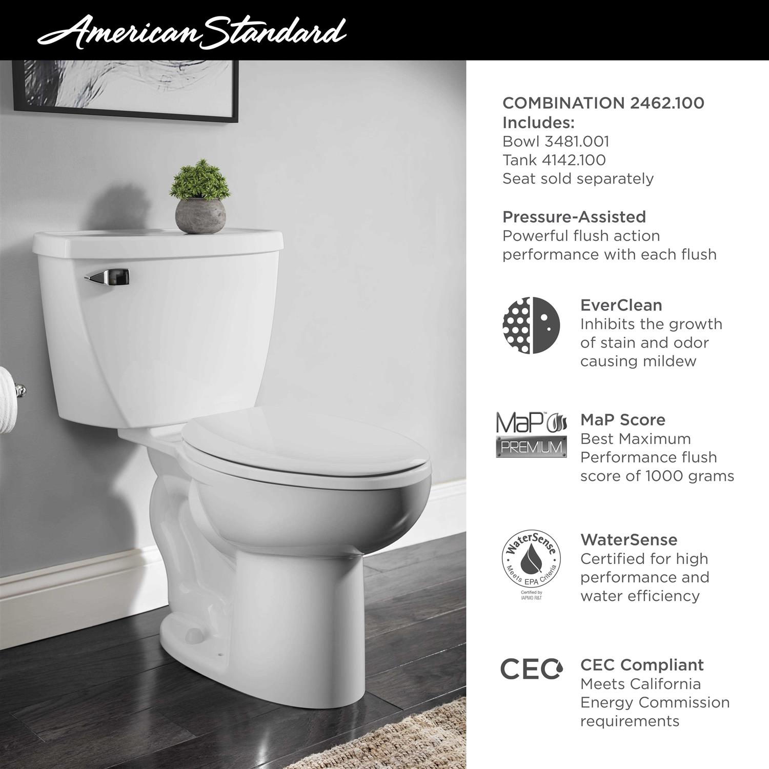American Standard Cadet Flowise Elongated Pressure-Assisted Toilet 1.1 GPF 2462.100.020 - Image 3