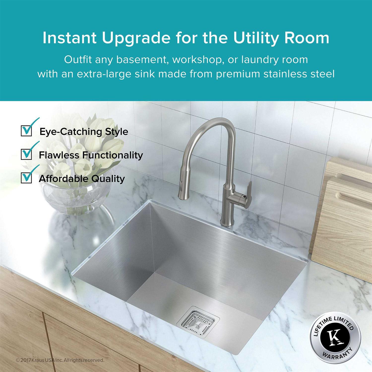 Kraus Pax Zero-Radius 24in. 18 Gauge Undermount Single Bowl Stainless Steel Laundry and Utility Sink KHU24L - Image 2