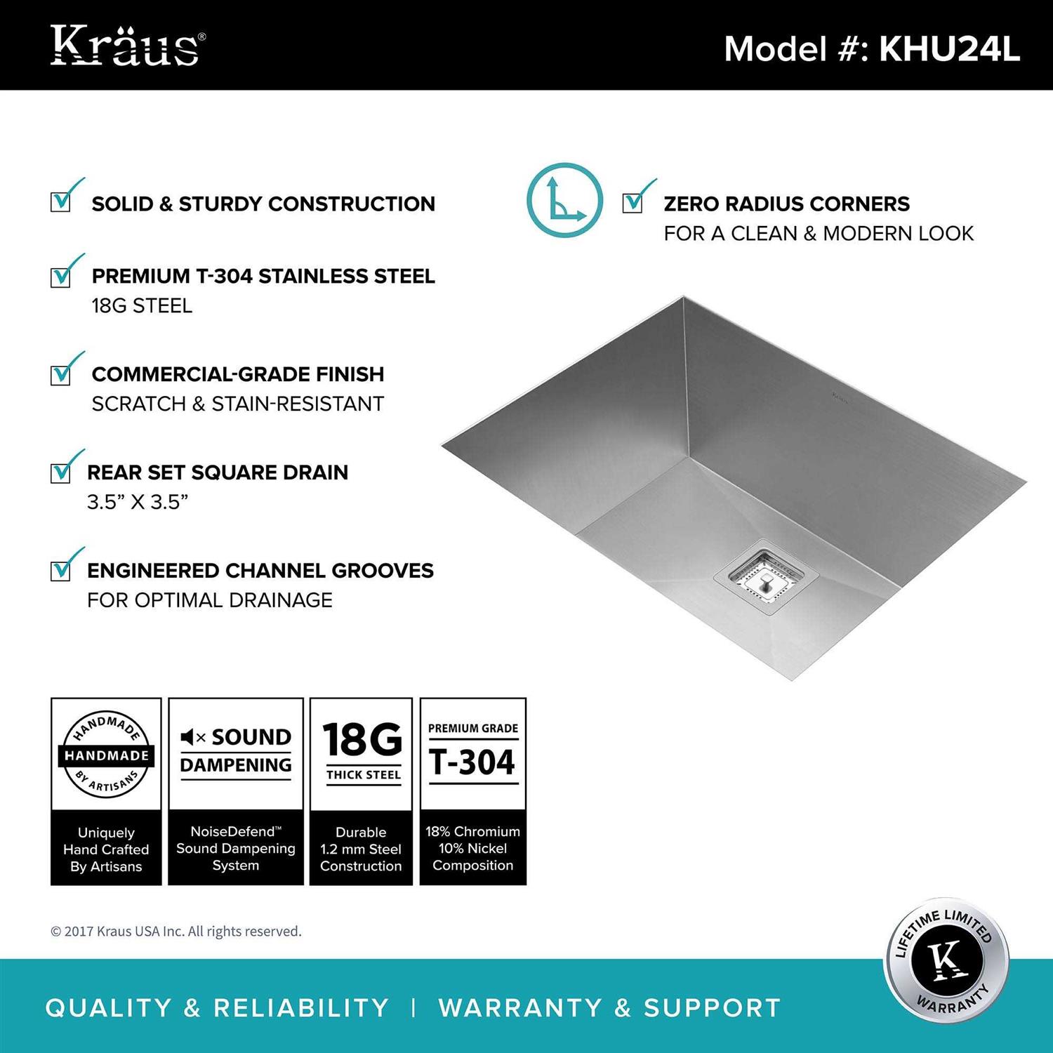 Kraus Pax Zero-Radius 24in. 18 Gauge Undermount Single Bowl Stainless Steel Laundry and Utility Sink KHU24L - Image 4