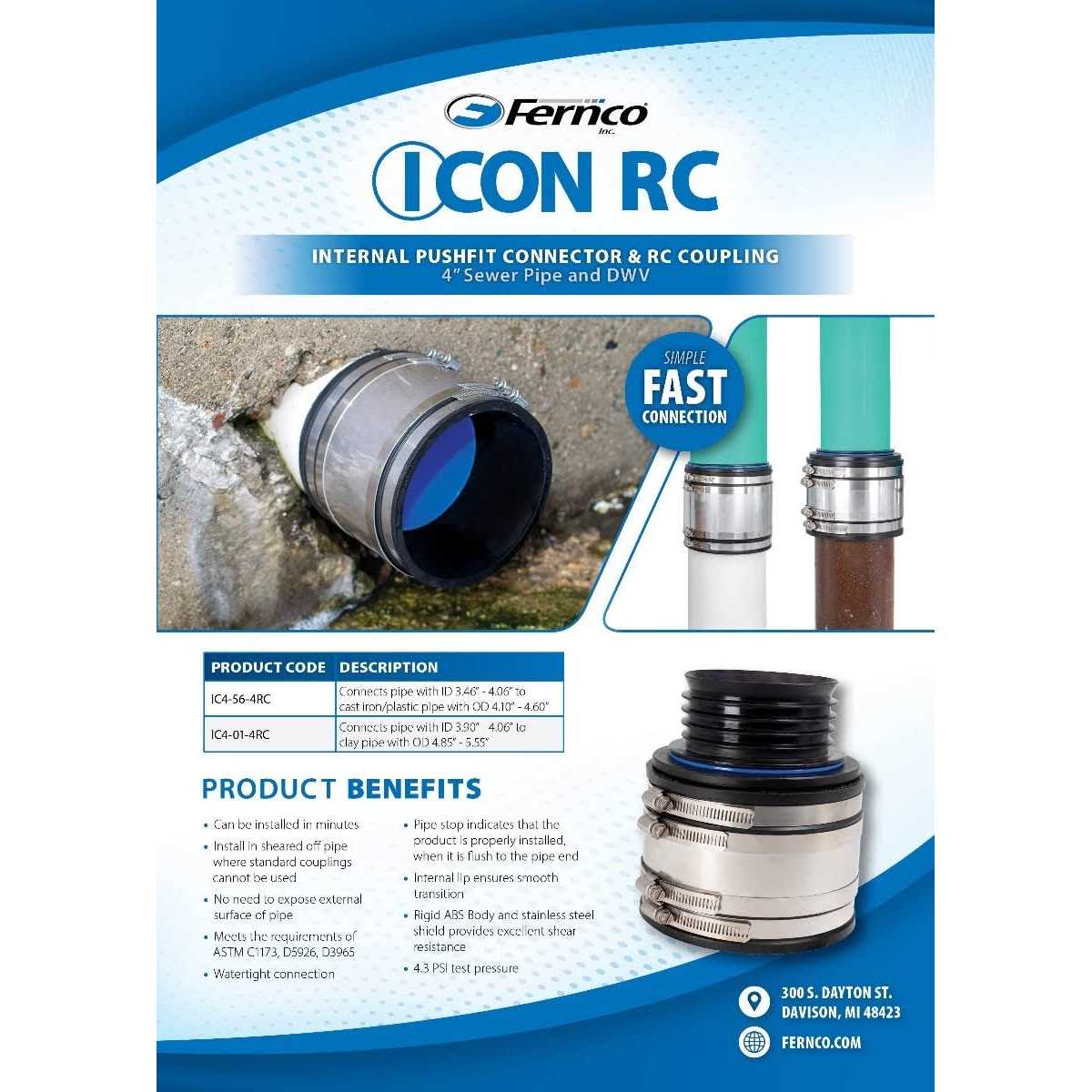 Fernco 4 ICON RC Pushfit DWV Coupling Sheared Off Pipe Connector with Shielded Coupler, Plastic, Cast Iron and Copper - Image 4