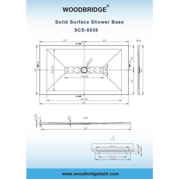 WoodBridge 60 in. L x 36 in. W Alcove Zero Threshold Shower Pan Base with Center Drain SCS-BL-6036 - Image 4
