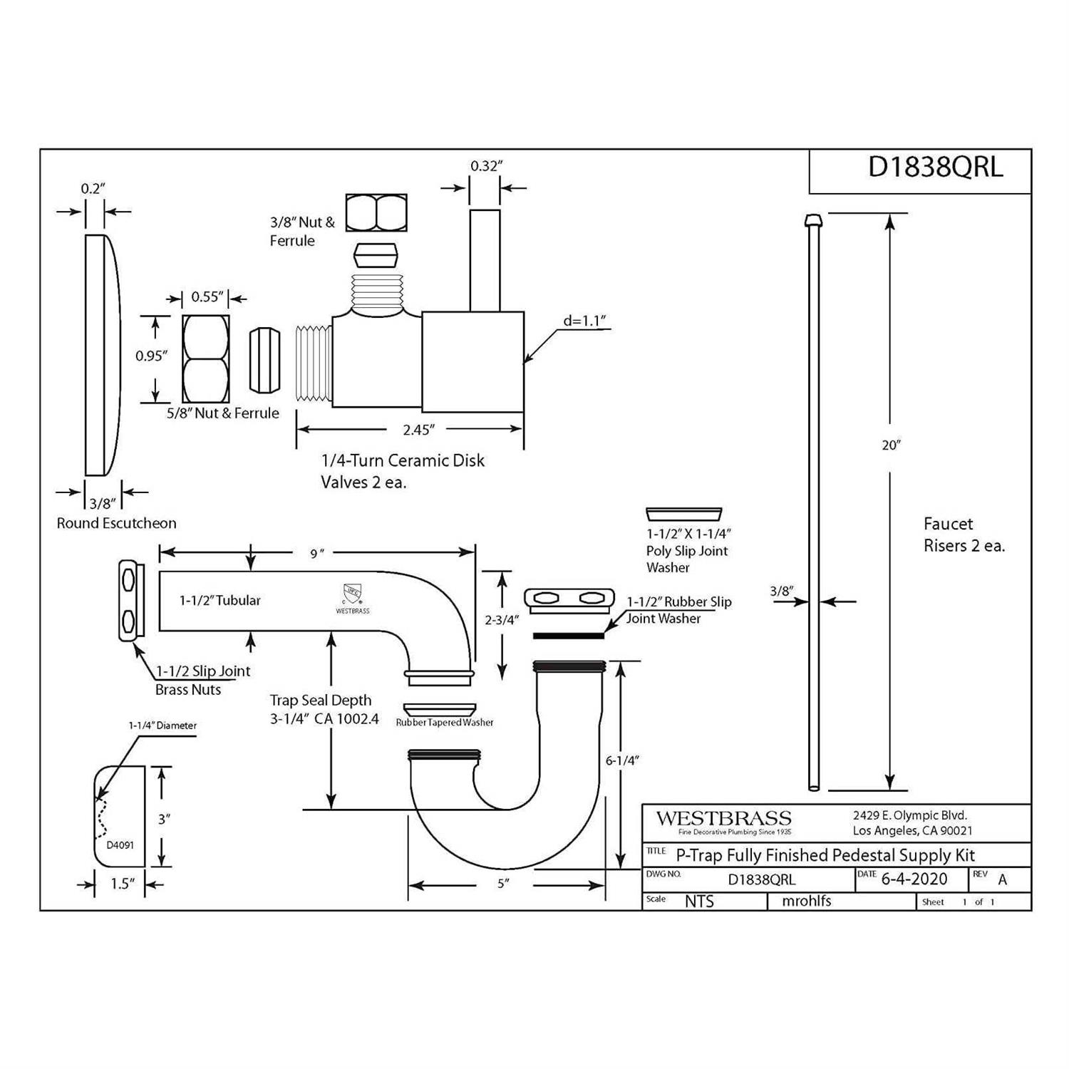 Westbrass Brass P-Trap 1/4-Turn Lavatory Kit Valves/Risers D1838QRL - Image 5