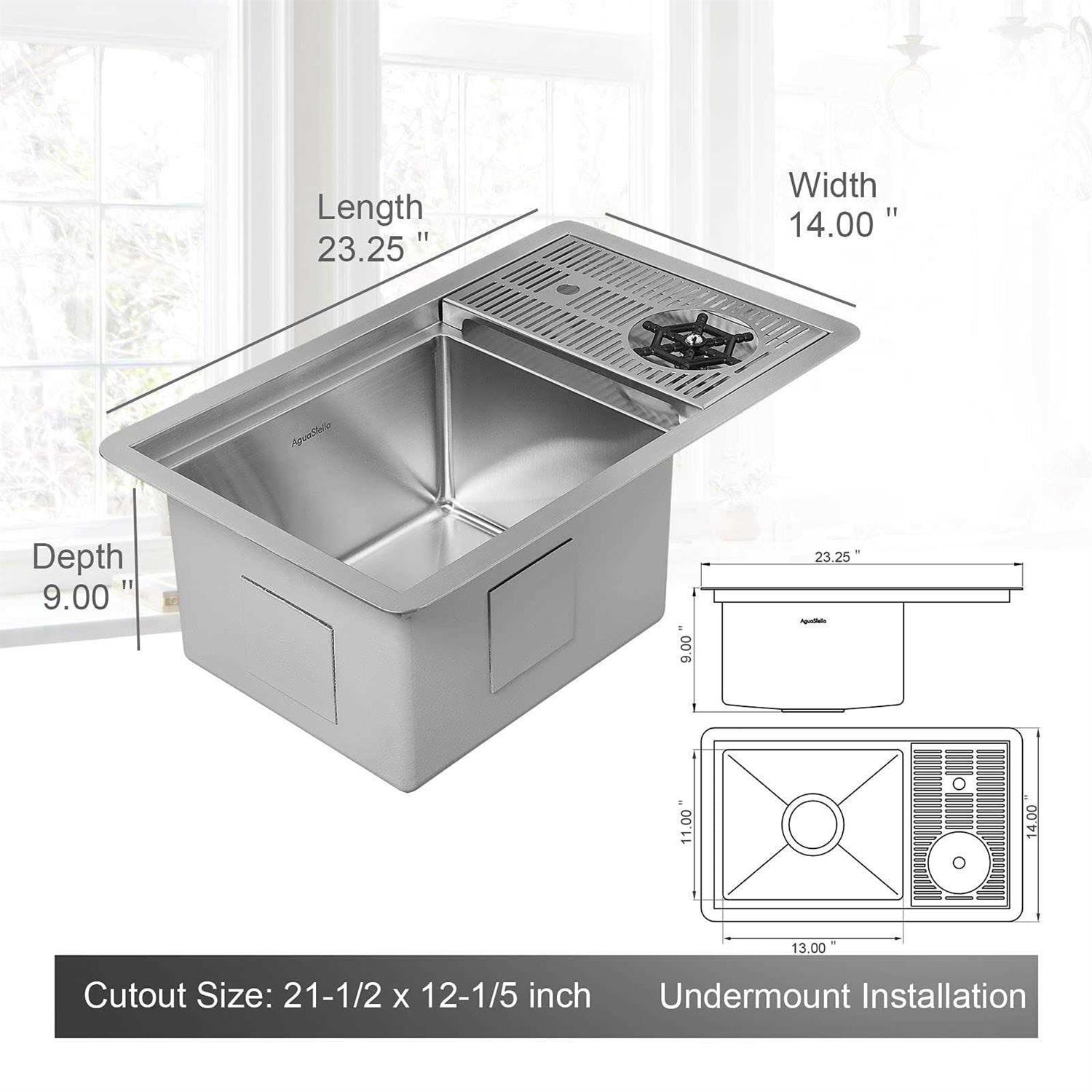 AguaStella AS1514XSS Bar Sink with Glass Rinser Stainless Steel Undermount Prep Kitchen Sink 23-1/4 x 14 Inches Single Bowl - Image 4
