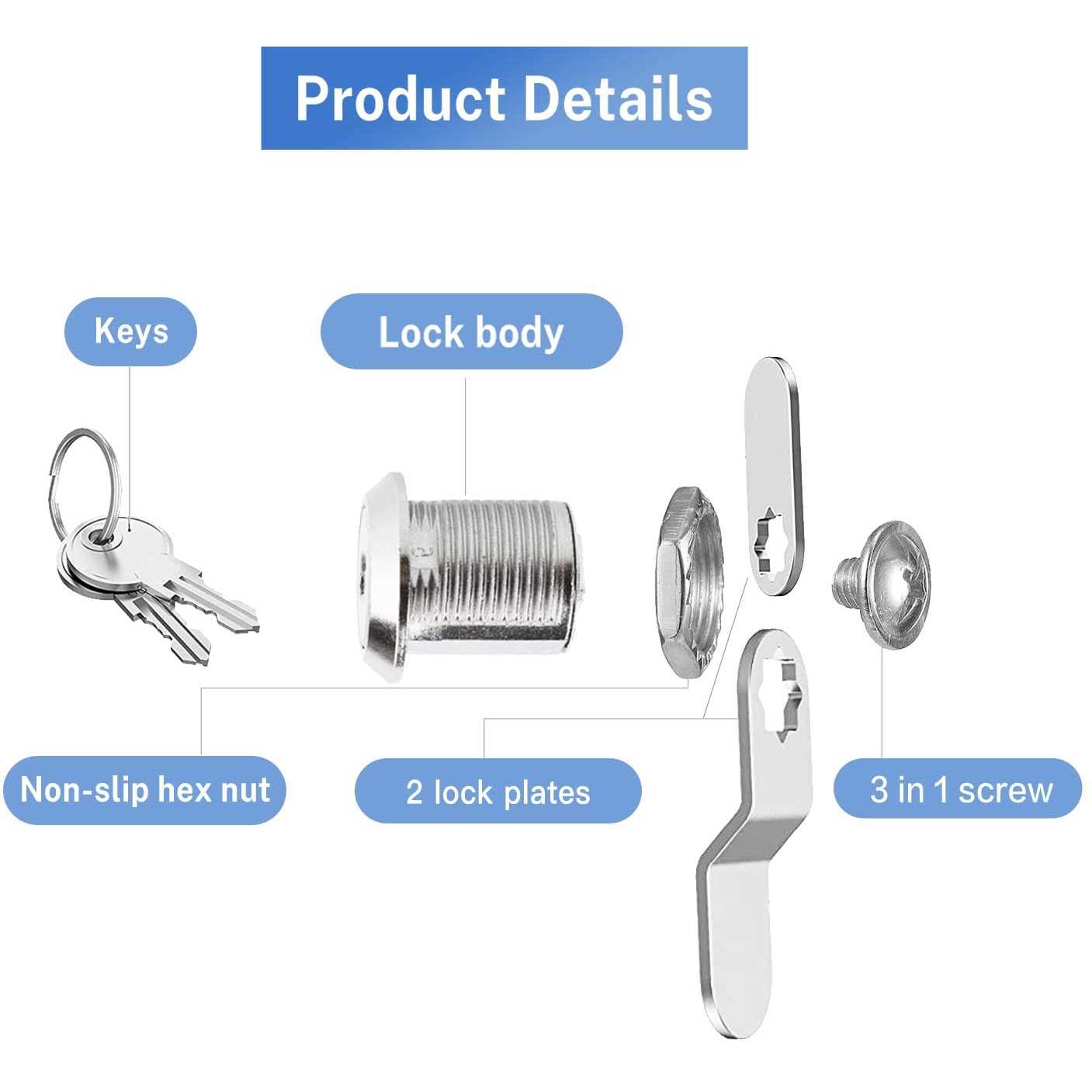 Cam Locks Cabinet Locks Keyed Alike 5/8'' Cylinder Length Fits on 0.4'' Max Panel Thickness - Image 4